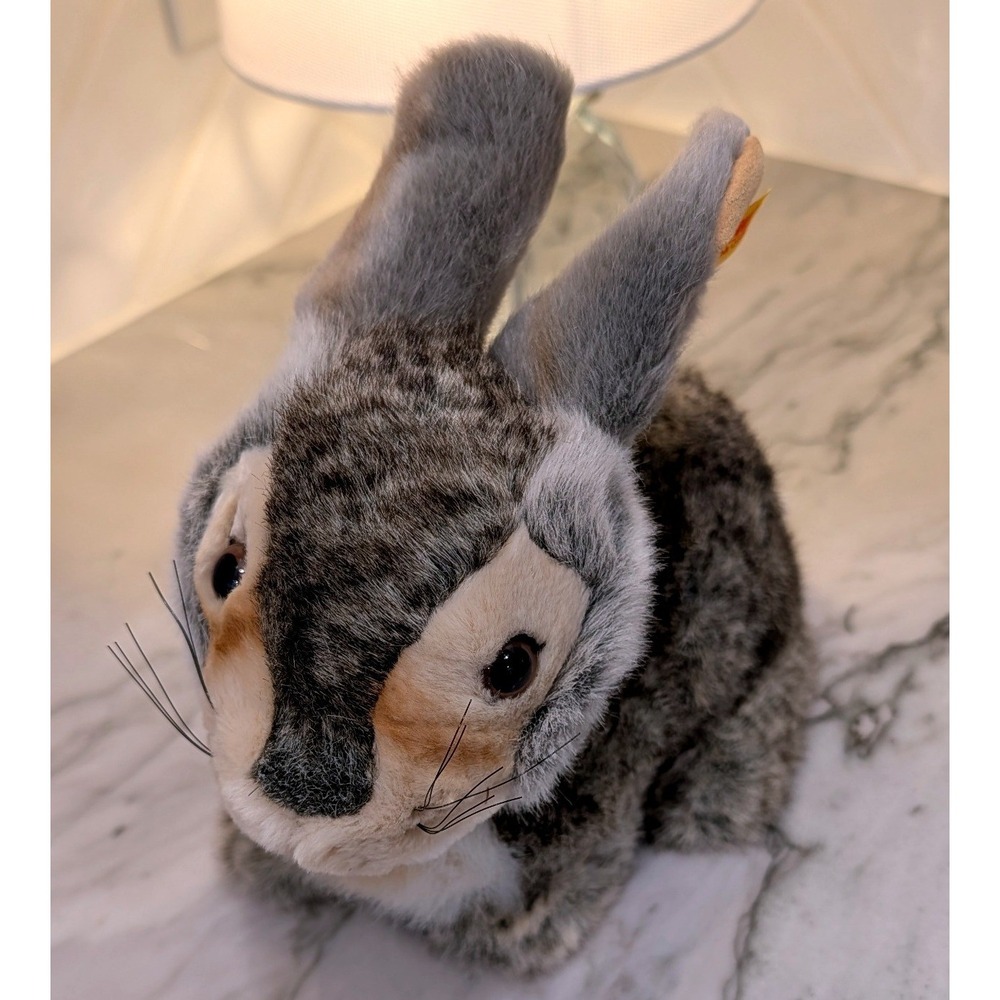 Steiff Rabbit Plush Bunny Grey Brown Mottled Faux Fur Button in Ear 077739